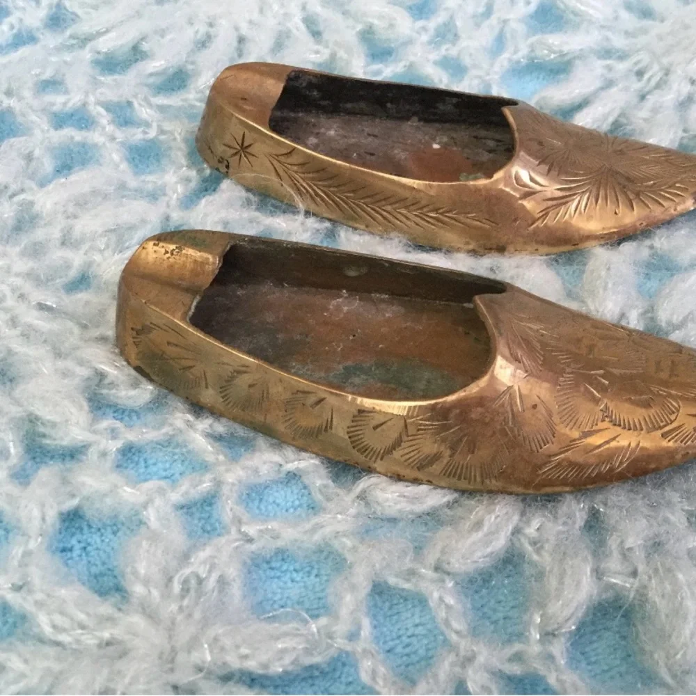 Vintage Brass Engraved Ashtray Shoes Slippers